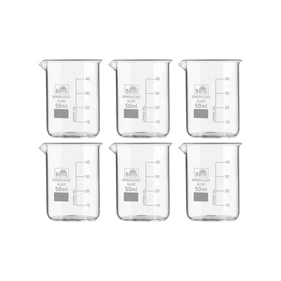 Bello 6pcs x 50ml Borosilicate 3.3 Glass Beakers with Graduation Marks for Laboratory