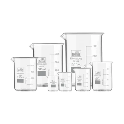 Bello 7 Set Borosilicate 3.3 Glass Beakers with Graduation Marks, Capacity 10ml, 25ml, 50ml, 100ml, 250ml, 500ml, 1000ml
