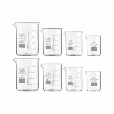 Bello 8pcs Borosilicate 3.3 Glass Beakers -10ml x 2pcs, 25ml x 2pcs, 50ml x 2pcs & 100ml x 2pcs with Graduation Marks