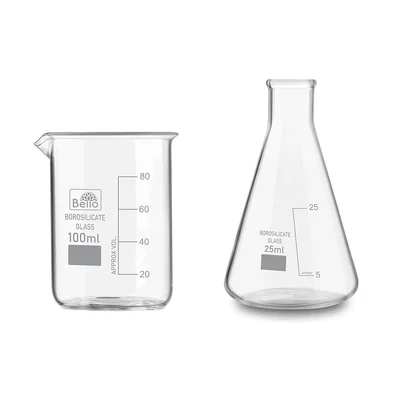 Bello Borosilicate 3.3 Glass, 100 ml Beaker and 25 ml Conical Flask with Graduation Marks, Set of 2