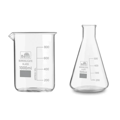 Bello Borosilicate 3.3 Glass, 1000 ml Beaker and 500 ml Conical Flask with Graduation Marks, Set of 2
