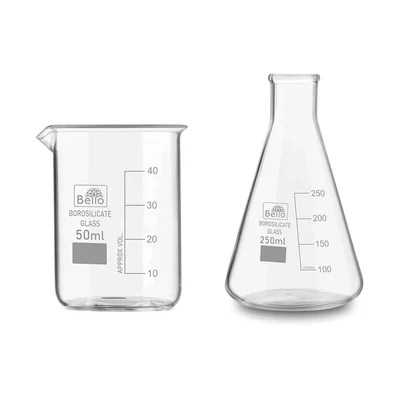 Bello Borosilicate 3.3 Glass, 50 ml Beaker and 250 ml Conical Flask with Graduation Marks, Set of 2