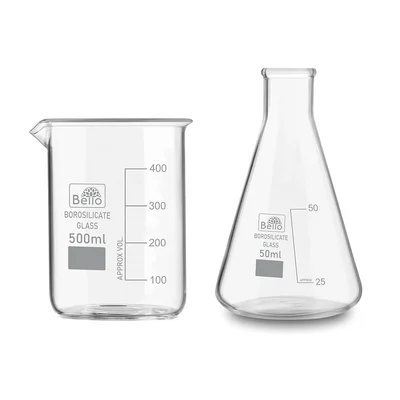 Bello Borosilicate 3.3 Glass, 500 ml Beaker and 50 ml Conical Flask with Graduation Marks, Set of 2
