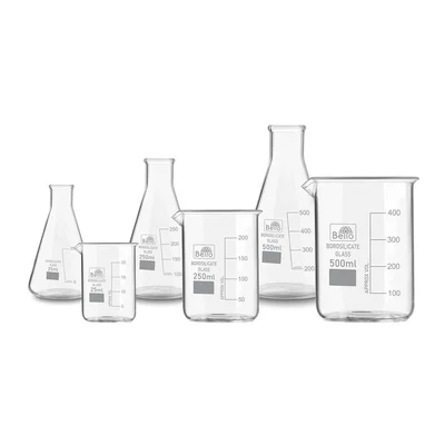 Bello Borosilicate 3.3 Glass, Combo of 3 Beakers and 3 Conical Flask of 25 ml, 250 ml, 500 ml with Graduation Marks