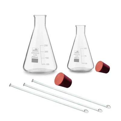 Bello Borosilicate 3.3 Glass 100ml, 250ml Conical Flask & 3pcs Stirring Rod 200mmX6mm with Rubber Cork