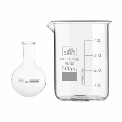 Bello Borosilicate 3.3 Glass 500ml Measuring Beaker & 50ml Round Bottom Boiling Flask for Laboratory