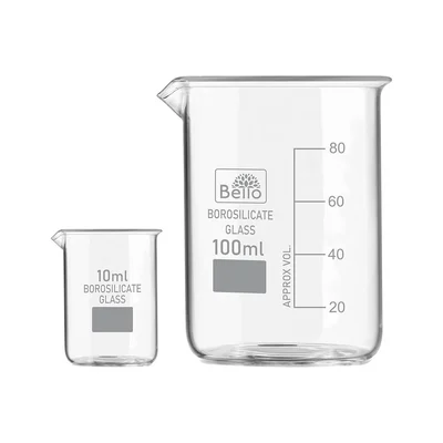 Bello Borosilicate 3.3 Glass Beaker 10 ml, 100 ml with Graduation Marks, Set of 2 Beakers for School, Collage Laboratory