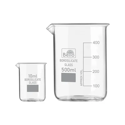 Bello Borosilicate 3.3 Glass Beaker 10 ml, 500 ml with Graduation Marks, Set of 2 Beakers for School, Collage Laboratory