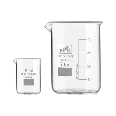 Bello Borosilicate 3.3 Glass Beaker 10 ml and 50 ml with Graduation Marks, Set of 2 Beakers for chemistry laboratory
