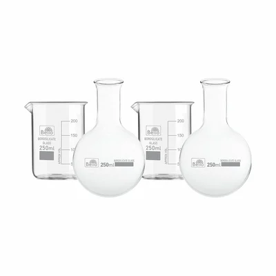 Bello Borosilicate 3.3 Glass Beaker 100ml x 2pcs & Round Bottom Boiling Flask 100ml x 2pcs for Filtration, Titration