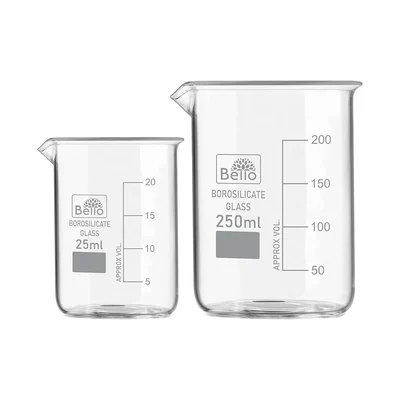 Bello Borosilicate 3.3 Glass Beaker 25 ml, 250 ml with Graduation Marks, Set of 2 Beakers for School, Collage Laboratory