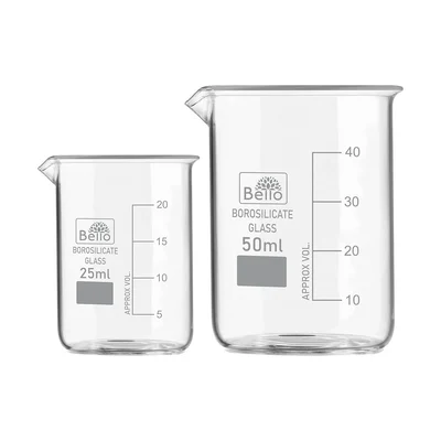 Bello Borosilicate 3.3 Glass Beaker 25 ml, 50 ml with Graduation Marks, Set of 2 Beakers for School, Collage Laboratory