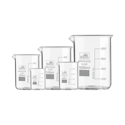 Bello Borosilicate 3.3 Glass Beaker 25ml, 100ml, 250ml, 500ml, 1000ml with Graduation Marks