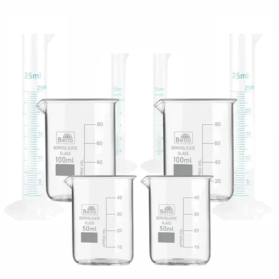 Bello Borosilicate 3.3 Glass Beaker 2pcs x 50ml, 2pcs x 100ml with Measuring Cylinder 2pcs x 10ml, 25ml x 2pcs