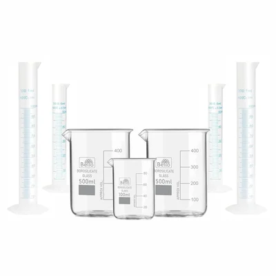 Bello Borosilicate 3.3 Glass Beaker 500ml x 2pcs & 100ml, with Plastic Measuring Cylinder 50ml x 2pcs, 100ml x 2pcs