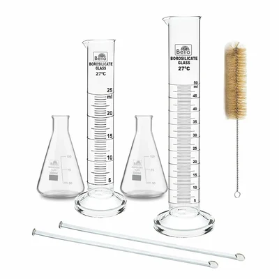 Bello Borosilicate 3.3 Glass Conical Flask 2pcs x 100ml & Cylinder 25ml, 50ml, 2pcs Stirring Rod 200 X 6mm, Cleaning Brush