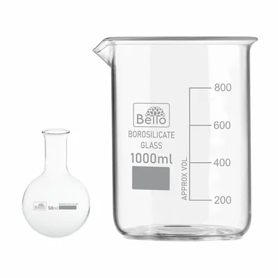 Bello Borosilicate 3.3 Glass Measuring Beaker 1000ml & Round Bottom Boiling Flask 50ml for Laboratory