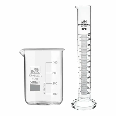 Bello Borosilicate 3.3 Glass Scientific Beaker 500ml & 250ml Cylinder with Round Base