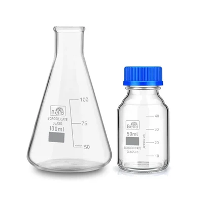 Bello Borosilicate Glass 100ml Measuring Conical Flask & 50ml Reagent Bottle with Leak Proof Blue Screw Cap