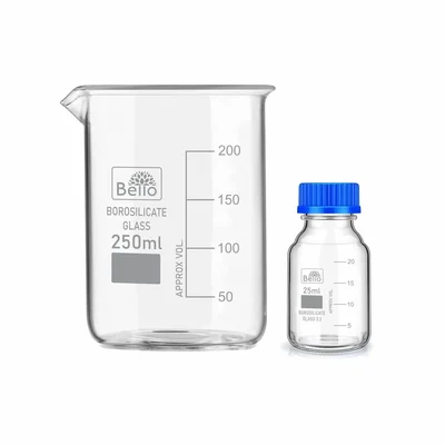 Bello Borosilicate Glass 250ml Measuring Beaker & 25ml Reagent Bottle with Leak Proof Blue Screw Cap