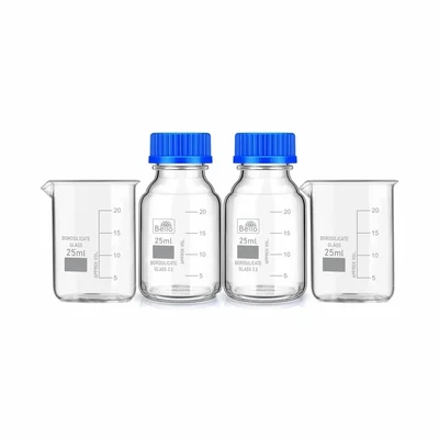 Bello Borosilicate Glass 2pcs x 25ml Measuring Beakers & 25ml x 2pcs Reagent Bottle with Leak Proof Blue Screw Cap