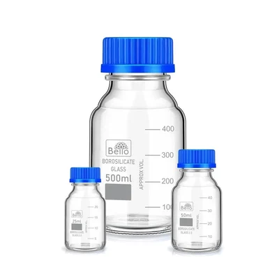 Bello Borosilicate Glass 3.3 Measuring 3pcs Reagent Bottle 25ml, 50ml & 500ml with Blue Screw Cap for Laboratory Use