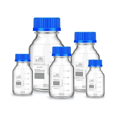Bello Borosilicate Glass 3.3 Measuring Reagent Bottle 25ml, 50ml, 100ml, 250ml & 500ml Capacity with Blue Screw Cap