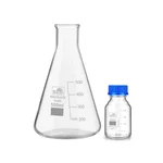 Bello Borosilicate Glass 500ml Measuring Conical Flask & 25ml Reagent Bottle with Leak Proof Blue Screw Cap