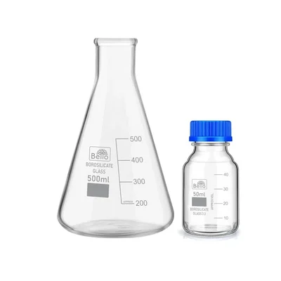 Bello Borosilicate Glass 500ml Measuring Conical Flask & 50ml Reagent Bottle with Leak Proof Blue Screw Cap