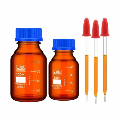 Bello Borosilicate Glass Amber Reagent Bottle 50ml & 100ml with 3pcs 4 inch Glass Dropper for Lab Usage