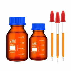Bello Borosilicate Glass Amber Reagent Bottle 50ml & 100ml with 3pcs 4 inch Glass Dropper for Lab Usage
