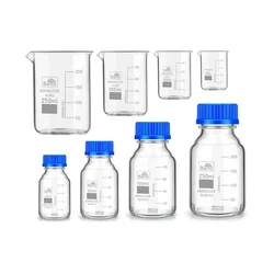 Bello Borosilicate Glass Beaker & Reagent 4pcs Bottle of 25ml, 50ml,100ml, 250ml Capacity with Leak Proof Blue Screw Cap