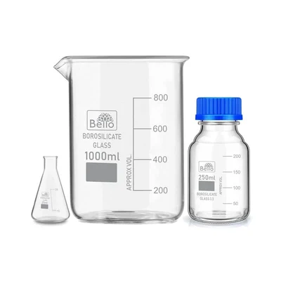 Bello Borosilicate Glass Measuring 25ml Conical flask, 1000ml Beaker & 250ml Reagent Bottle with Blue Screw Cap