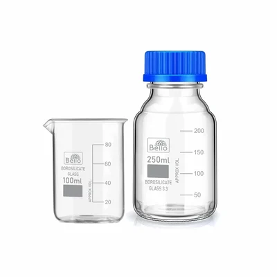 Bello Borosilicate Glass Measuring Beaker 100ml & 250ml Reagent bottle Leak Proof Blue Screw Cap