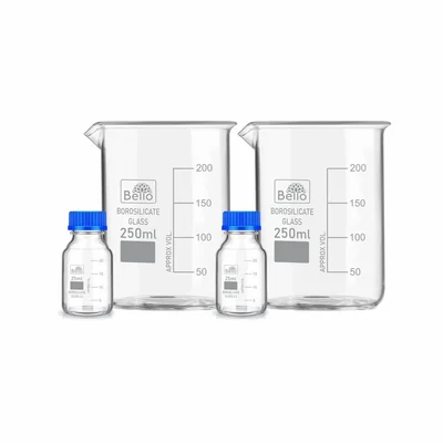 Bello Borosilicate Glass Measuring Beaker 250ml x 2pcs & 25ml x 2pcs Reagent Bottle with Leak proof Blue Screw Cap