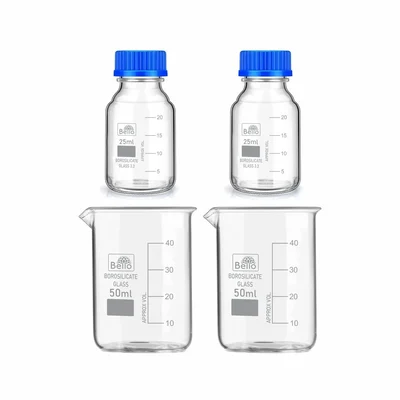 Bello Borosilicate Glass Measuring Beaker 2pcs x 50ml & 2pcs x 25ml Reagent Bottle with Leak Proof Blue Screw Cap