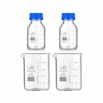Bello Borosilicate Glass Measuring Beaker 2pcs x 50ml & 2pcs x 25ml Reagent Bottle with Leak Proof Blue Screw Cap