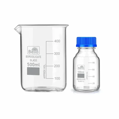 Bello Borosilicate Glass Measuring Beaker 500ml & 100ml Reagent Bottle with leak Proof Blue Screw for Laboratory