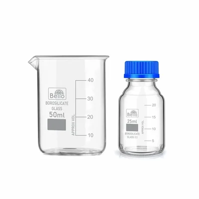 Bello Borosilicate Glass Measuring Beaker 50ml & 25ml Reagent Bottle with Leak Proof Blue Screw Cap