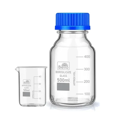 Bello Borosilicate Glass Measuring Beaker 50ml & Reagent Bottle 500ml with Blue Screw Cap