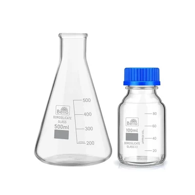Bello Borosilicate Glass Measuring Conical 500ml & Reagent Bottle 100ml with Leak Proof Blue Screw Cap