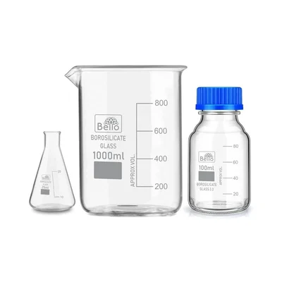 Bello Borosilicate Glass Measuring Conical Flask 25ml, Beaker 1000ml & 100ml Reagent Bottle with Blue Screw Cap