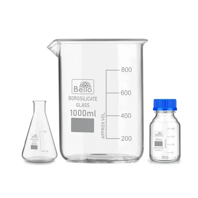 Bello Borosilicate Glass Measuring Conical Flask 25ml, Beaker 1000ml & 25ml Reagent Bottle with Blue Screw Cap