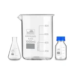 Bello Borosilicate Glass Measuring Conical Flask 25ml, Beaker 1000ml & 25ml Reagent Bottle with Blue Screw Cap