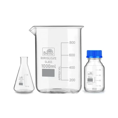 Bello Borosilicate Glass Measuring Conical Flask 25ml, Beaker 1000ml & 50ml Reagent Bottle with Blue Screw Cap