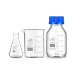 Bello Borosilicate Glass Measuring Conical Flask 25ml, Beaker 100ml & 100ml Reagent Bottle with Blue Screw Cap
