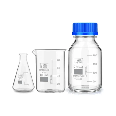 Bello Borosilicate Glass Measuring Conical Flask 25ml, Beaker 100ml & 250ml Reagent Bottle with Blue Screw Cap