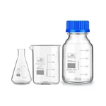 Bello Borosilicate Glass Measuring Conical Flask 25ml, Beaker 100ml & 250ml Reagent Bottle with Blue Screw Cap