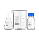 Bello Borosilicate Glass Measuring Conical Flask 25ml, Beaker 100ml & 25ml Reagent Bottle with Blue Screw Cap