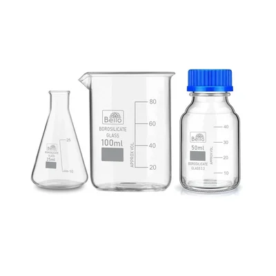 Bello Borosilicate Glass Measuring Conical Flask 25ml, Beaker 100ml & 50ml Reagent Bottle with Blue Screw Cap